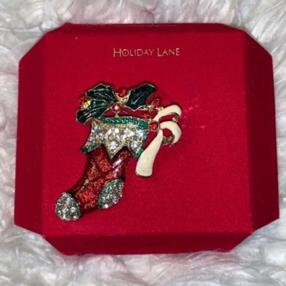 MACY'S Charter Club Holiday Lane Enamel Rhinestones Christmas Stocking Brooch - Picture 3 of 8